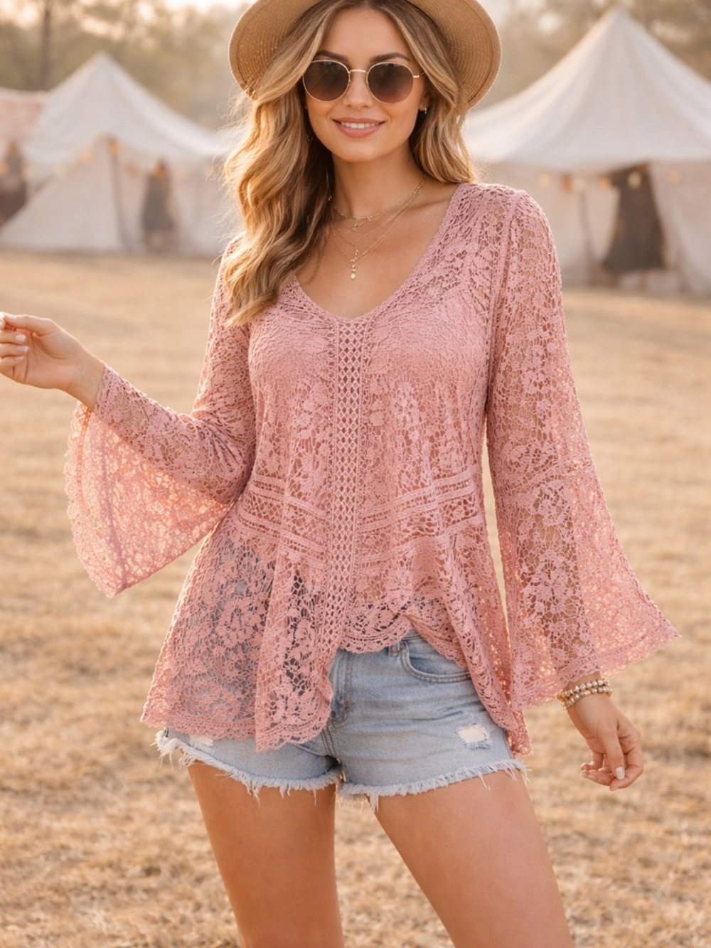 Pink Lace Crochet Bell Sleeve Top XL Cottagecore Fairycore Romantic Festival Y2K
